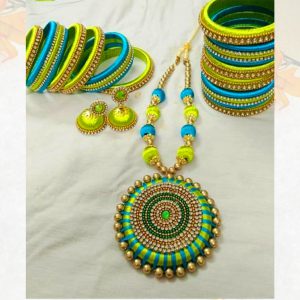 Green and blue silk thread jewellery set