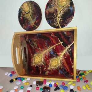 Peacock feather resin wood tray