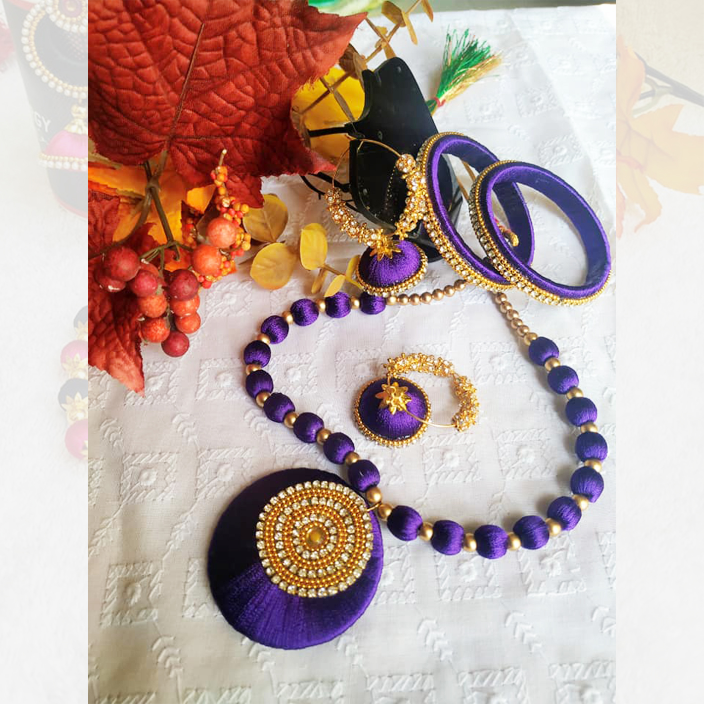 Gold Silk Thread necklace and Designer Jhumkas!!!! #36749 | Buy Silk Thread  Jewelry Online